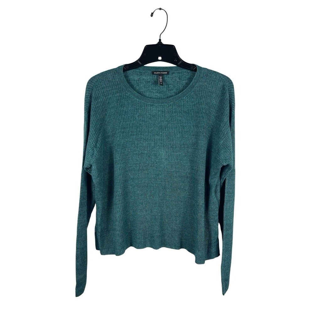 Eileen Fisher Womens S Organic Linen Sweater Teal Green Lightweight Ribbed